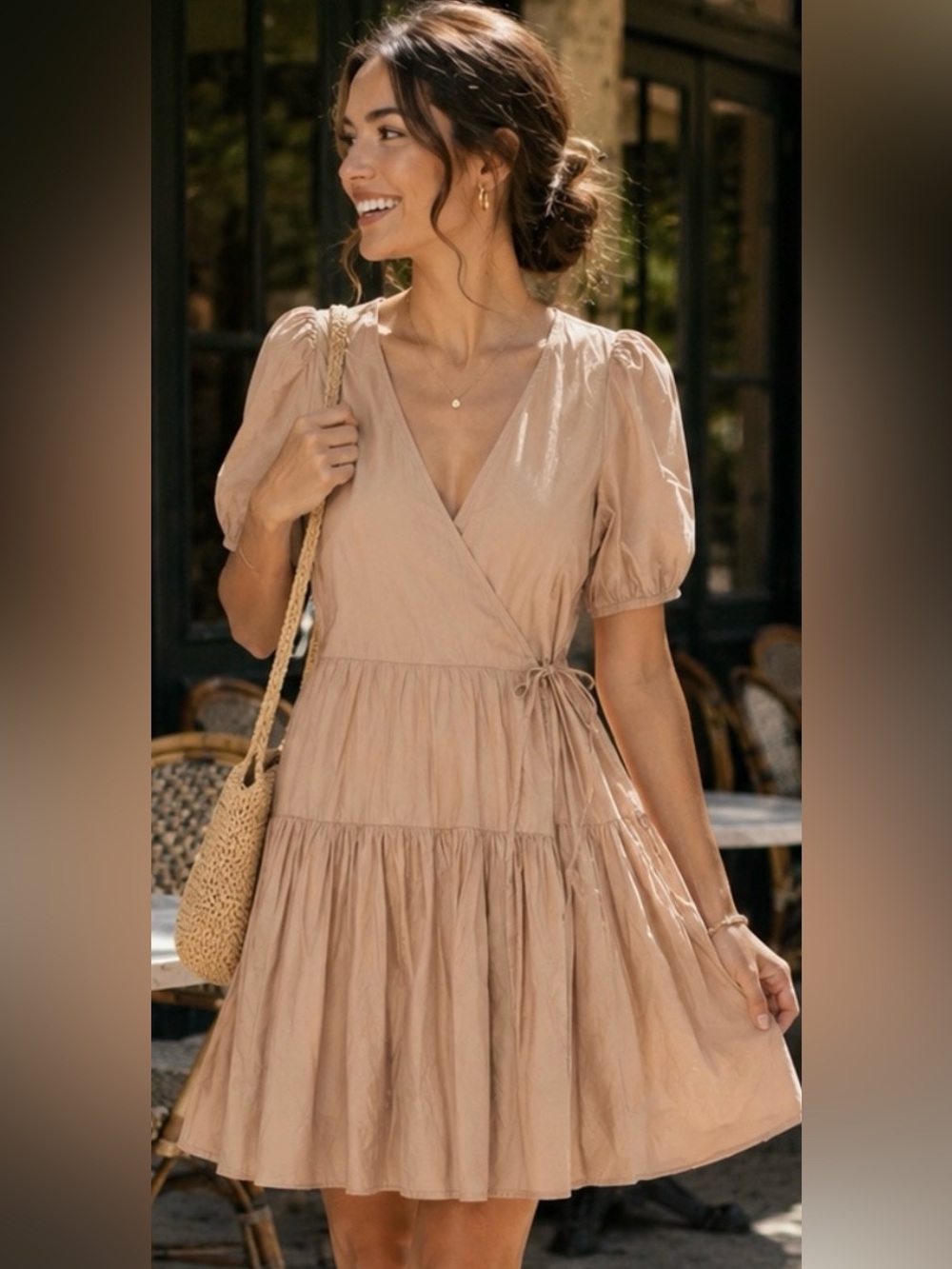 J.Crew Women Warm Clay Boho Puff-Sleeve Cotton Poplin Tiered Wrap Dress NWT S